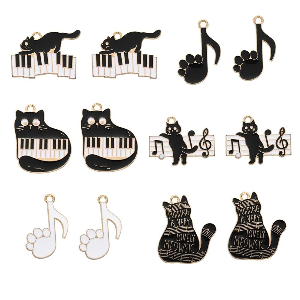4972 30Pcs 6 Styles Music Theme Cat Charms Enamel Music Note Instrument